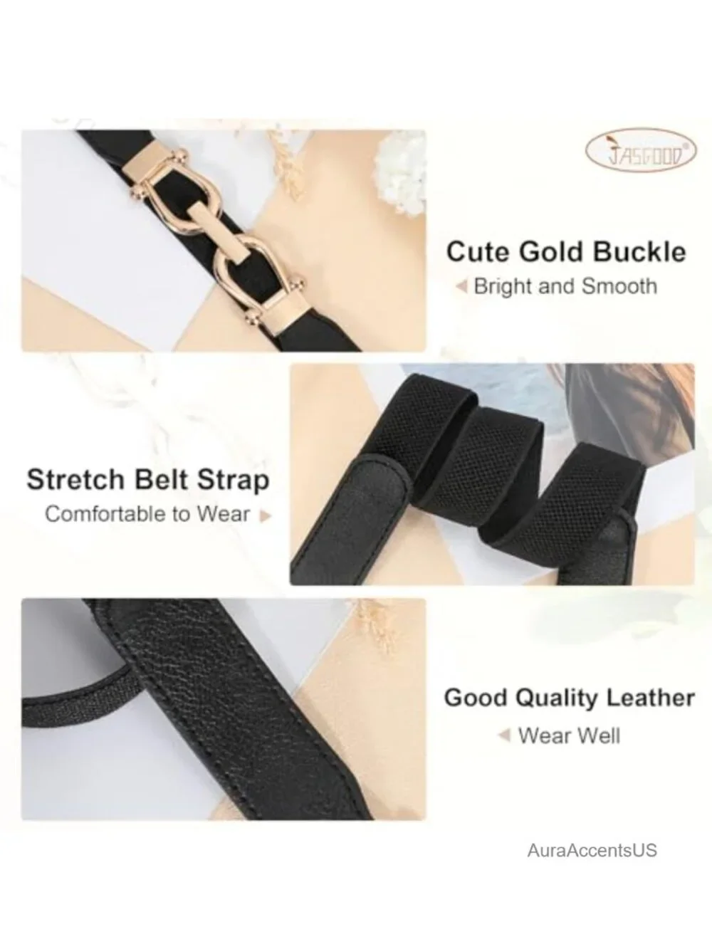 Stretchy Skinny Waist Belt with Gold Buckle, High Stretch Elastic